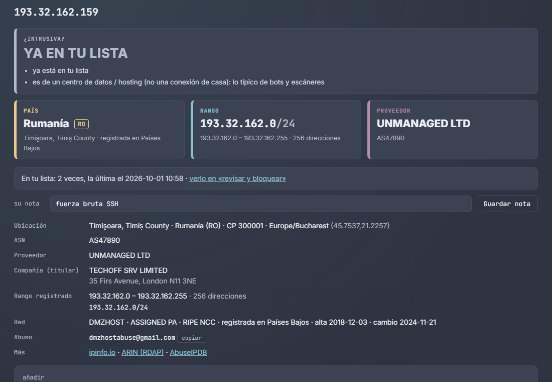 Ficha de una IP consultada: veredicto, país, rango registrado y proveedor, con la opción de añadirla a la lista